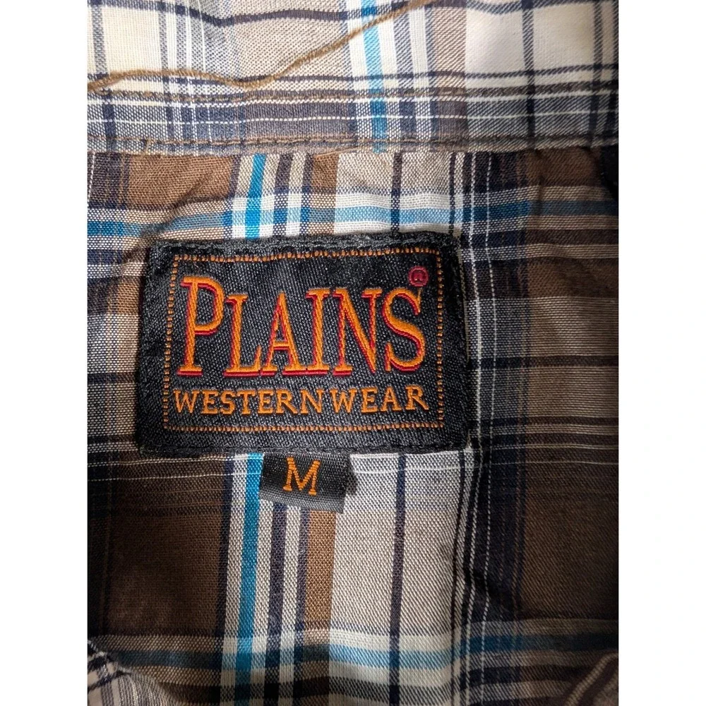 Plains Western Wear Mens Brown Blue Plaid Short Sleeve Pearl Snap Shirt Medium - Picture 5 of 12